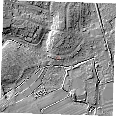 Shaded relief map of the ground around BN229QA, computed from Environment Agency LiDAR. The ground here sits at about 6 m above sea level and falls 12 m across the surrounding 800 m. Surface water reaching this point runs off ground lying to the north, 2.0 m higher.