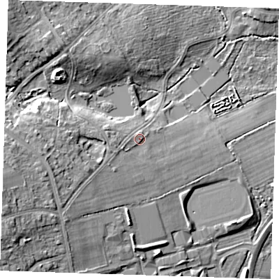 Shaded relief map of the ground around BN229QR, computed from Environment Agency LiDAR. The ground here sits at about 10 m above sea level and falls 17 m across the surrounding 800 m. Surface water reaching this point runs off ground lying to the south-west, 2.5 m higher.