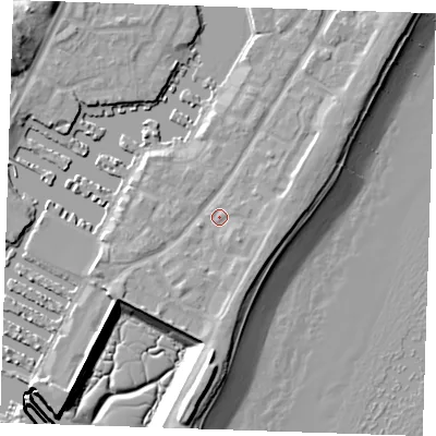 Shaded relief map of the ground around BN235AA, computed from Environment Agency LiDAR. The ground here sits at about 5 m above sea level and falls 13 m across the surrounding 800 m. Surface water reaching this point runs off ground lying to the south-south-east, 2.6 m higher.