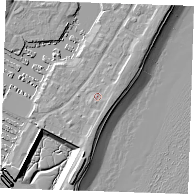 Shaded relief map of the ground around BN235AB, computed from Environment Agency LiDAR. The ground here sits at about 5 m above sea level and falls 12 m across the surrounding 800 m. Surface water reaching this point runs off ground lying to the east, 1.9 m higher.