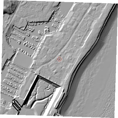Shaded relief map of the ground around BN235AD, computed from Environment Agency LiDAR. The ground here sits at about 4 m above sea level and falls 15 m across the surrounding 800 m. Surface water reaching this point runs off ground lying to the south-south-east, 2.6 m higher.
