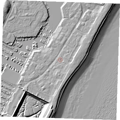 Shaded relief map of the ground around BN235AE, computed from Environment Agency LiDAR. The ground here sits at about 4 m above sea level and falls 12 m across the surrounding 800 m. Surface water reaching this point runs off ground lying to the south-east, 2.3 m higher.
