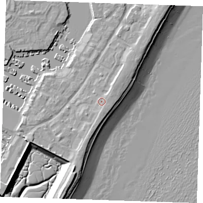 Shaded relief map of the ground around BN235AF, computed from Environment Agency LiDAR. The ground here sits at about 6 m above sea level and falls 12 m across the surrounding 800 m. Surface water reaching this point runs off ground lying to the south-east, 1.4 m higher.