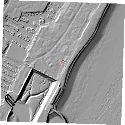 Shaded relief map of the ground around BN235AG, computed from Environment Agency LiDAR. The ground here sits at about 5 m above sea level and falls 12 m across the surrounding 800 m. Surface water reaching this point runs off ground lying to the south, 2.0 m higher.