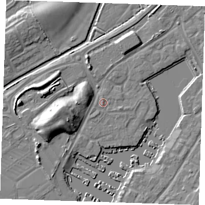 Shaded relief map of the ground around BN235AH, computed from Environment Agency LiDAR. The ground here sits at about 4 m above sea level and falls 11 m across the surrounding 800 m. Surface water reaching this point runs off ground lying to the south-south-west, 0.7 m higher.