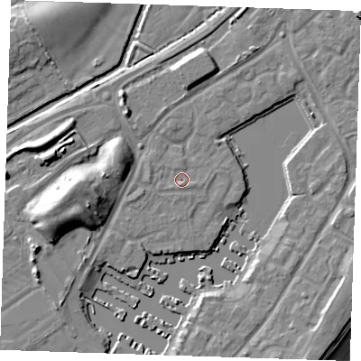 Shaded relief map of the ground around BN235AJ, computed from Environment Agency LiDAR. The ground here sits at about 3 m above sea level and falls 13 m across the surrounding 800 m. Surface water reaching this point runs off ground lying to the south-south-west, 1.3 m higher.