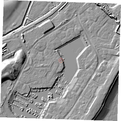 Shaded relief map of the ground around BN235AN, computed from Environment Agency LiDAR. The ground here sits at about 4 m above sea level and falls 15 m across the surrounding 800 m. The ground contributing surface water to this point lies to the west-south-west.