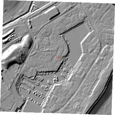 Shaded relief map of the ground around BN235AP, computed from Environment Agency LiDAR. The ground here sits at about 4 m above sea level and falls 14 m across the surrounding 800 m. Surface water reaching this point runs off ground lying to the north-west, 1.2 m higher.
