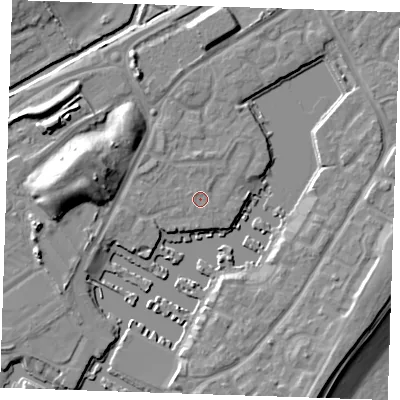 Shaded relief map of the ground around BN235AQ, computed from Environment Agency LiDAR. The ground here sits at about 3 m above sea level and falls 14 m across the surrounding 800 m. Surface water reaching this point runs off ground lying to the west-north-west, 1.0 m higher.