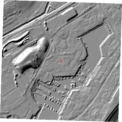 Shaded relief map of the ground around BN235AR, computed from Environment Agency LiDAR. The ground here sits at about 3 m above sea level and falls 14 m across the surrounding 800 m. Surface water reaching this point runs off ground lying to the west, 1.0 m higher.