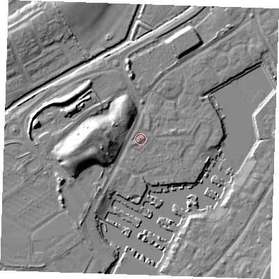 Shaded relief map of the ground around BN235AS, computed from Environment Agency LiDAR. The ground here sits at about 4 m above sea level and falls 11 m across the surrounding 800 m. Surface water reaching this point runs off ground lying to the east-north-east, 0.6 m higher.