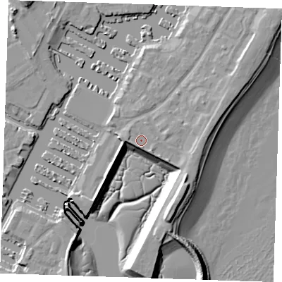 Shaded relief map of the ground around BN235AU, computed from Environment Agency LiDAR. The ground here sits at about 4 m above sea level and falls 12 m across the surrounding 800 m. Surface water reaching this point runs off ground lying to the south-south-east, 1.4 m higher.