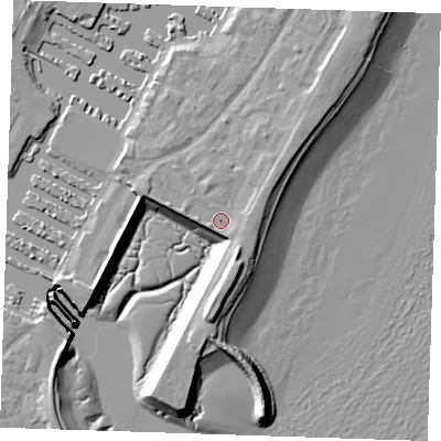 Shaded relief map of the ground around BN235AW, computed from Environment Agency LiDAR. The ground here sits at about 4 m above sea level and falls 12 m across the surrounding 800 m. Surface water reaching this point runs off ground lying to the south-east, 2.9 m higher.