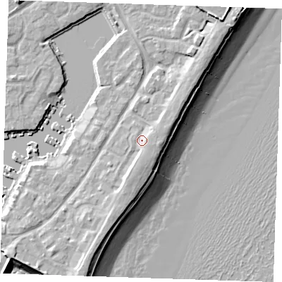 Shaded relief map of the ground around BN235AX, computed from Environment Agency LiDAR. The ground here sits at about 5 m above sea level and falls 12 m across the surrounding 800 m. Surface water reaching this point runs off ground lying to the east-south-east, 1.9 m higher.