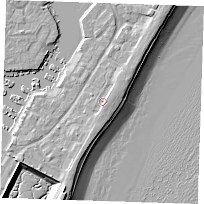 Shaded relief map of the ground around BN235AY, computed from Environment Agency LiDAR. The ground here sits at about 5 m above sea level and falls 12 m across the surrounding 800 m. Surface water reaching this point runs off ground lying to the east-south-east, 2.1 m higher.