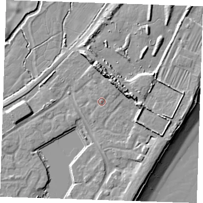 Shaded relief map of the ground around BN235BB, computed from Environment Agency LiDAR. The ground here sits at about 5 m above sea level and falls 13 m across the surrounding 800 m. Surface water reaching this point runs off ground lying to the north-east, 1.9 m higher.