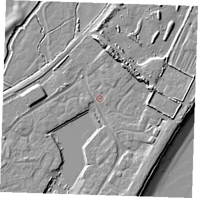 Shaded relief map of the ground around BN235BD, computed from Environment Agency LiDAR. The ground here sits at about 4 m above sea level and falls 13 m across the surrounding 800 m. Surface water reaching this point runs off ground lying to the east, 0.8 m higher.