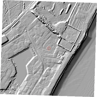 Shaded relief map of the ground around BN235BE, computed from Environment Agency LiDAR. The ground here sits at about 4 m above sea level and falls 14 m across the surrounding 800 m. Surface water reaching this point runs off ground lying to the north-east, 5.1 m higher.