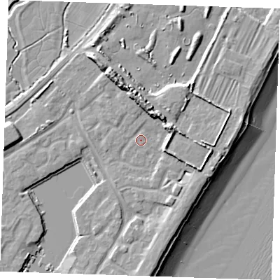 Shaded relief map of the ground around BN235BF, computed from Environment Agency LiDAR. The ground here sits at about 4 m above sea level and falls 14 m across the surrounding 800 m. Surface water reaching this point runs off ground lying to the north-north-east, 5.7 m higher.