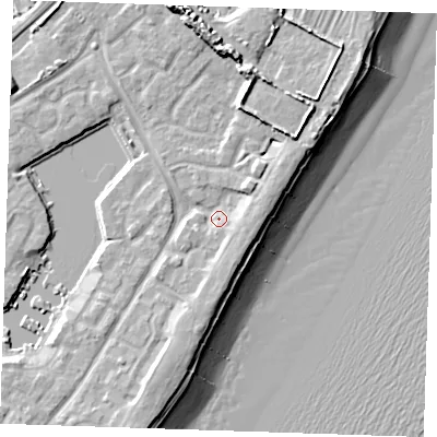 Shaded relief map of the ground around BN235BG, computed from Environment Agency LiDAR. The ground here sits at about 4 m above sea level and falls 13 m across the surrounding 800 m. Surface water reaching this point runs off ground lying to the south-south-east, 3.1 m higher.