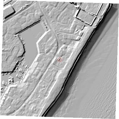 Shaded relief map of the ground around BN235BH, computed from Environment Agency LiDAR. The ground here sits at about 5 m above sea level and falls 13 m across the surrounding 800 m. Surface water reaching this point runs off ground lying to the east, 2.4 m higher.