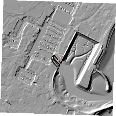 Shaded relief map of the ground around BN235BJ, computed from Environment Agency LiDAR. The ground here sits at about 5 m above sea level and falls 12 m across the surrounding 800 m. Surface water reaching this point runs off ground lying to the west, 8.2 m higher.