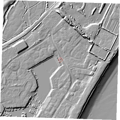 Shaded relief map of the ground around BN235BL, computed from Environment Agency LiDAR. The ground here sits at about 3 m above sea level and falls 14 m across the surrounding 800 m. Surface water reaching this point runs off ground lying to the north-east, 7.0 m higher.