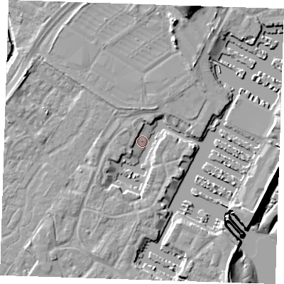 Shaded relief map of the ground around BN235BN, computed from Environment Agency LiDAR. The ground here sits at about 2 m above sea level and falls 13 m across the surrounding 800 m. Surface water reaching this point runs off ground lying to the south-west, 3.3 m higher.