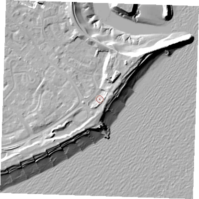 Shaded relief map of the ground around BN235BP, computed from Environment Agency LiDAR. The ground here sits at about 5 m above sea level and falls 13 m across the surrounding 800 m. Surface water reaching this point runs off ground lying to the east-north-east, 3.2 m higher.