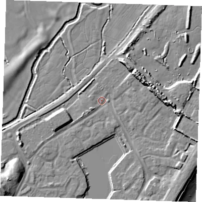 Shaded relief map of the ground around BN235BQ, computed from Environment Agency LiDAR. The ground here sits at about 3 m above sea level and falls 13 m across the surrounding 800 m. Surface water reaching this point runs off ground lying to the north-east, 7.2 m higher.