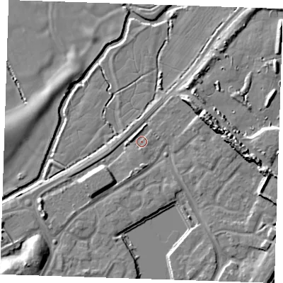 Shaded relief map of the ground around BN235BS, computed from Environment Agency LiDAR. The ground here sits at about 4 m above sea level and falls 10 m across the surrounding 800 m. Surface water reaching this point runs off ground lying to the east-north-east, 7.2 m higher.