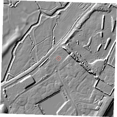 Shaded relief map of the ground around BN235BT, computed from Environment Agency LiDAR. The ground here sits at about 4 m above sea level and falls 12 m across the surrounding 800 m. Surface water reaching this point runs off ground lying to the east-north-east, 5.0 m higher.