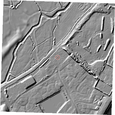 Shaded relief map of the ground around BN235BU, computed from Environment Agency LiDAR. The ground here sits at about 4 m above sea level and falls 12 m across the surrounding 800 m. Surface water reaching this point runs off ground lying to the east-north-east, 5.0 m higher.