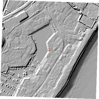 Shaded relief map of the ground around BN235NA, computed from Environment Agency LiDAR. The ground here sits at about 4 m above sea level and falls 13 m across the surrounding 800 m. Surface water reaching this point runs off ground lying to the south-east, 5.3 m higher.