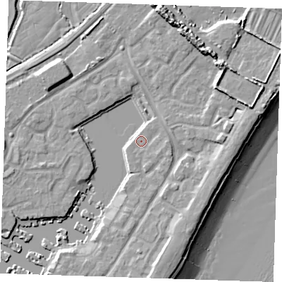 Shaded relief map of the ground around BN235NB, computed from Environment Agency LiDAR. The ground here sits at about 4 m above sea level and falls 14 m across the surrounding 800 m. Surface water reaching this point runs off ground lying to the south-east, 2.5 m higher.