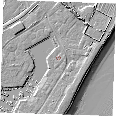 Shaded relief map of the ground around BN235NE, computed from Environment Agency LiDAR. The ground here sits at about 4 m above sea level and falls 14 m across the surrounding 800 m. Surface water reaching this point runs off ground lying to the south-east, 1.2 m higher.
