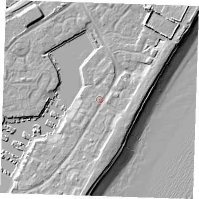 Shaded relief map of the ground around BN235NF, computed from Environment Agency LiDAR. The ground here sits at about 4 m above sea level and falls 12 m across the surrounding 800 m. Surface water reaching this point runs off ground lying to the south-east, 3.2 m higher.