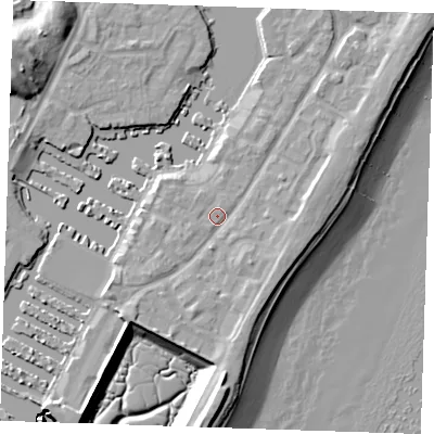 Shaded relief map of the ground around BN235NH, computed from Environment Agency LiDAR. The ground here sits at about 4 m above sea level and falls 14 m across the surrounding 800 m. Surface water reaching this point runs off ground lying to the south-south-east, 3.2 m higher.