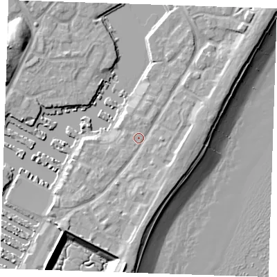 Shaded relief map of the ground around BN235NJ, computed from Environment Agency LiDAR. The ground here sits at about 4 m above sea level and falls 12 m across the surrounding 800 m. Surface water reaching this point runs off ground lying to the south, 3.2 m higher.