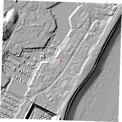 Shaded relief map of the ground around BN235NL, computed from Environment Agency LiDAR. The ground here sits at about 4 m above sea level and falls 14 m across the surrounding 800 m. Surface water reaching this point runs off ground lying to the west, 0.8 m higher.