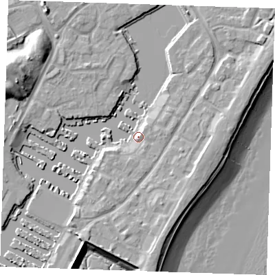 Shaded relief map of the ground around BN235NN, computed from Environment Agency LiDAR. The ground here sits at about 3 m above sea level and falls 15 m across the surrounding 800 m. Surface water reaching this point runs off ground lying to the south-south-west, 3.4 m higher.