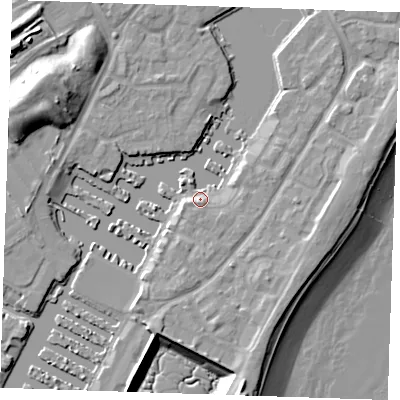 Shaded relief map of the ground around BN235NP, computed from Environment Agency LiDAR. The ground here sits at about 3 m above sea level and falls 15 m across the surrounding 800 m. Surface water reaching this point runs off ground lying to the south-south-east, 3.4 m higher.