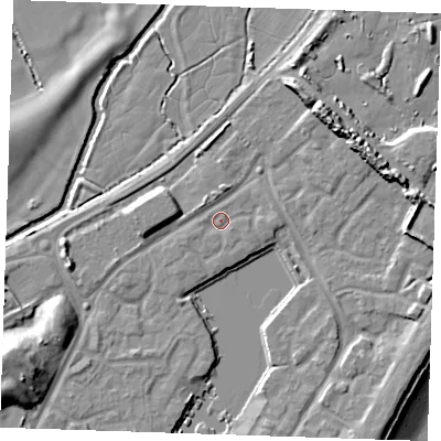 Shaded relief map of the ground around BN235PA, computed from Environment Agency LiDAR. The ground here sits at about 4 m above sea level and falls 14 m across the surrounding 800 m. Surface water reaching this point runs off ground lying to the east-south-east, 0.8 m higher.