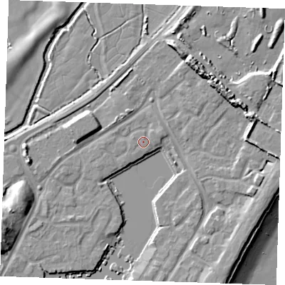 Shaded relief map of the ground around BN235PB, computed from Environment Agency LiDAR. The ground here sits at about 4 m above sea level and falls 13 m across the surrounding 800 m. The ground contributing surface water to this point lies to the west-north-west.