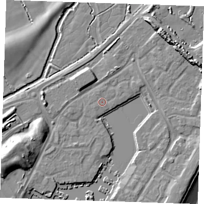 Shaded relief map of the ground around BN235PD, computed from Environment Agency LiDAR. The ground here sits at about 4 m above sea level and falls 14 m across the surrounding 800 m. Surface water reaching this point runs off ground lying to the north-east, 0.8 m higher.