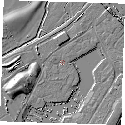 Shaded relief map of the ground around BN235PE, computed from Environment Agency LiDAR. The ground here sits at about 4 m above sea level and falls 11 m across the surrounding 800 m. Surface water reaching this point runs off ground lying to the west-south-west, 8.8 m higher.