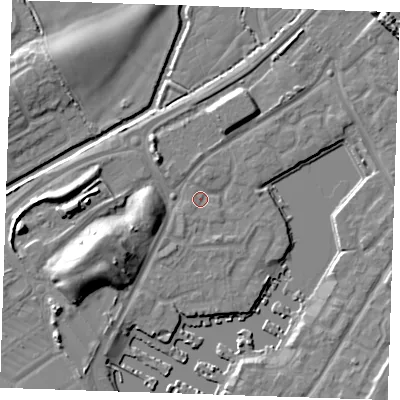 Shaded relief map of the ground around BN235PF, computed from Environment Agency LiDAR. The ground here sits at about 3 m above sea level and falls 11 m across the surrounding 800 m. Surface water reaching this point runs off ground lying to the west-south-west, 8.8 m higher.