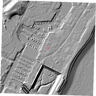 Shaded relief map of the ground around BN235PG, computed from Environment Agency LiDAR. The ground here sits at about 4 m above sea level and falls 15 m across the surrounding 800 m. Surface water reaching this point runs off ground lying to the south-south-east, 3.8 m higher.