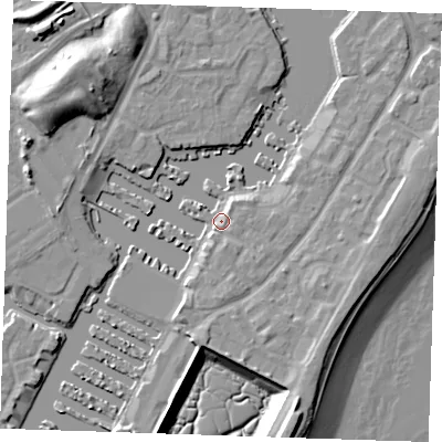 Shaded relief map of the ground around BN235PH, computed from Environment Agency LiDAR. The ground here sits at about 3 m above sea level and falls 15 m across the surrounding 800 m. Surface water reaching this point runs off ground lying to the south-east, 2.8 m higher.