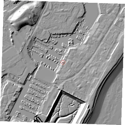 Shaded relief map of the ground around BN235PJ, computed from Environment Agency LiDAR. The ground here sits at about 4 m above sea level and falls 15 m across the surrounding 800 m. Surface water reaching this point runs off ground lying to the north-north-east, 2.5 m higher.